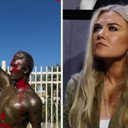 Erika Kirk issues scathing statement after Charlie Kirk statue vandalized (@TPUSA/X, AP Photo/Julia Demaree Nikhinson )