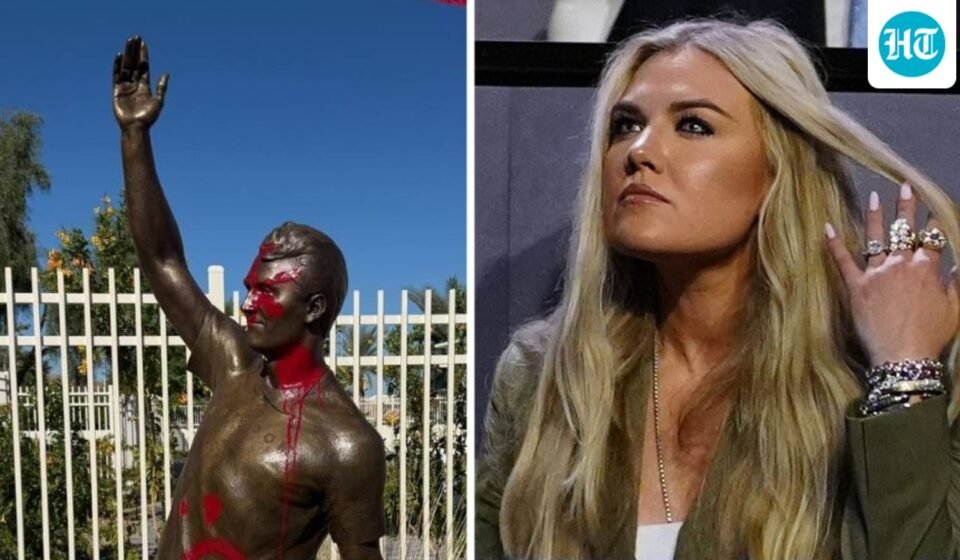 Erika Kirk issues scathing statement after Charlie Kirk statue vandalized (@TPUSA/X, AP Photo/Julia Demaree Nikhinson )