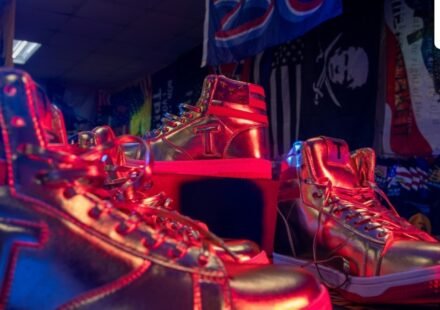 Merchandise at Trump Town USA includes Trump-themed sneakers.