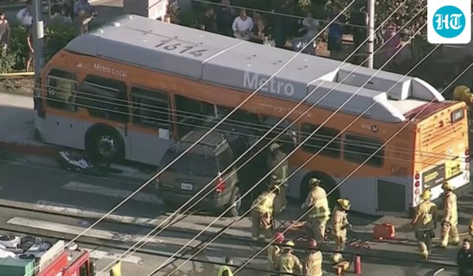 At least two people were killed when a SUV crashed into a LA Metro bus. (X/@AlertLosAngeles)