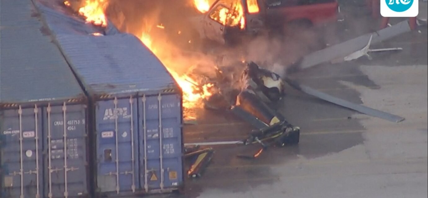 An aerial view shows the burning wreckage of an NBC News helicopter that crashed while covering a report of a deadly Metro bus collision, resulting in multiple casualties, in Chatsworth, Los Angeles (REUTERS)