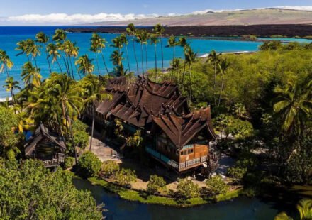 In 1994, 280 craftsmen built a Balinese estate from Indonesian ironwood and teak; dismantled and shipped to Hawaii, it was rebuilt with more than 1 million shingles and is now asking $32.5 million