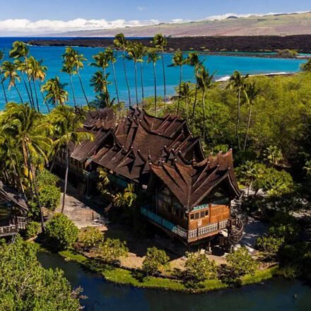 In 1994, 280 craftsmen built a Balinese estate from Indonesian ironwood and teak; dismantled and shipped to Hawaii, it was rebuilt with more than 1 million shingles and is now asking $32.5 million