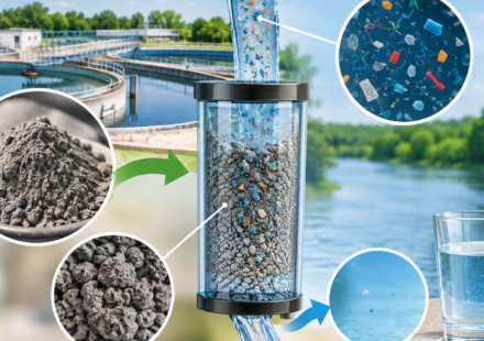 In 2026, researchers turned water-treatment waste into a filter for microplastics; real-water tests removed 86.9% to 97.1% of the particles