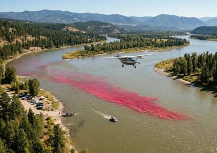 In 2017, USGS released 72.57 kg of red dye into Idaho’s Kootenai River in 90 seconds; aircraft 1,000 metres above mapped the plume in 0.5-metre pixels to study river dispersion