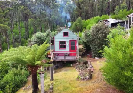 At 21, an Australian artist bought 25 acres in Tasmania; 18 months later a bushfire destroyed her first home, so she rebuilt it from salvage materials into an off-grid cabin for AU$7,000-10,000