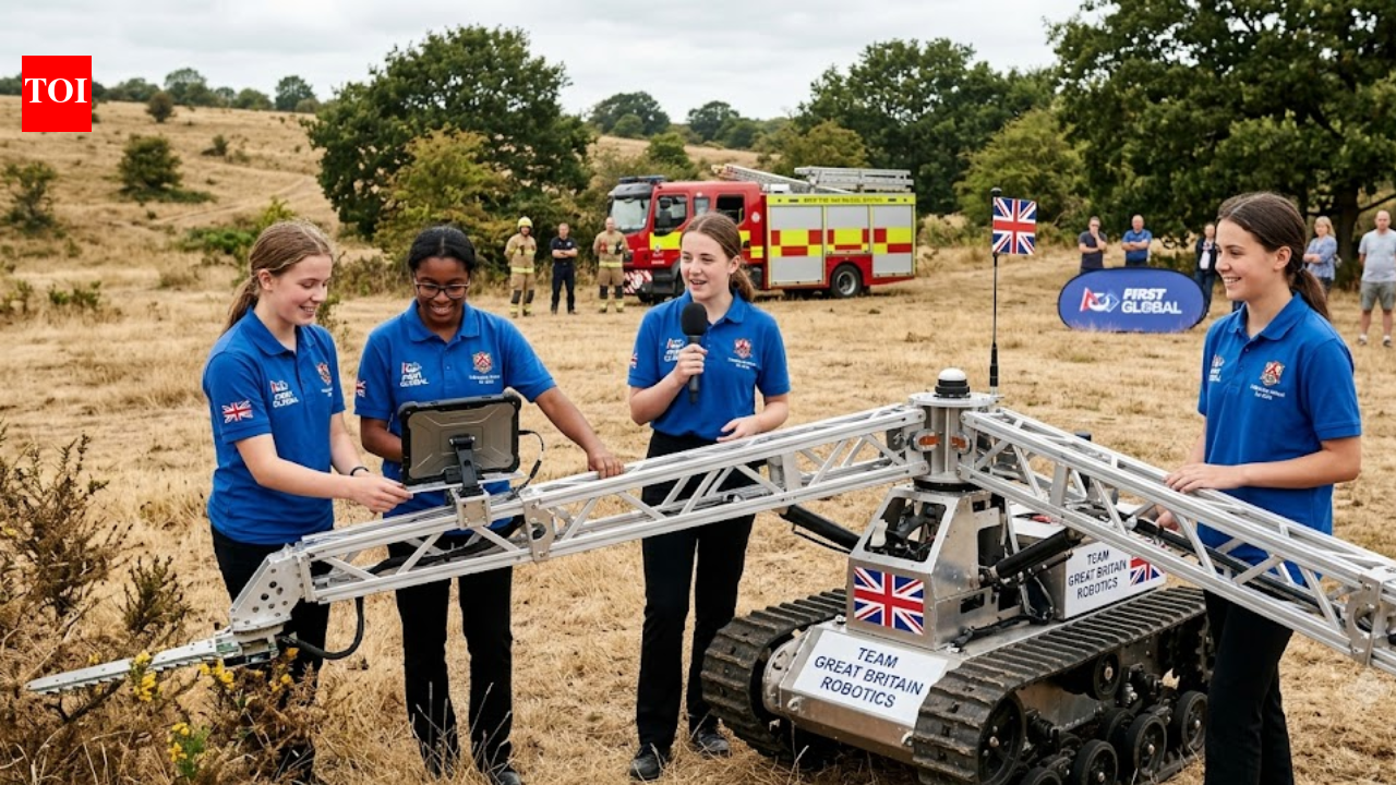 Five British schoolgirls aged 14 and 15 built a robot with five-metre folding arms designed to create wildfire firebreaks; their two-year-old robotics club is now representing Great Britain globally