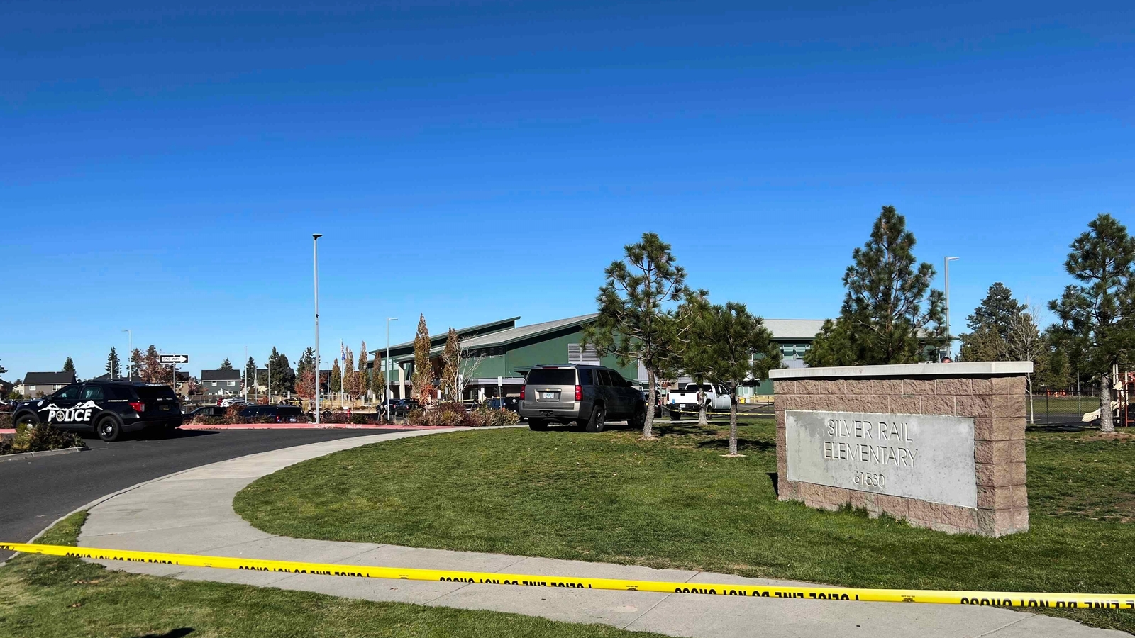 Police tape is placed outside Silver Rail Elementary school, where a shooting took place in Bend, Oregon. (AP Photo/Joe Kline) (AP Photo/Joe Kline)
