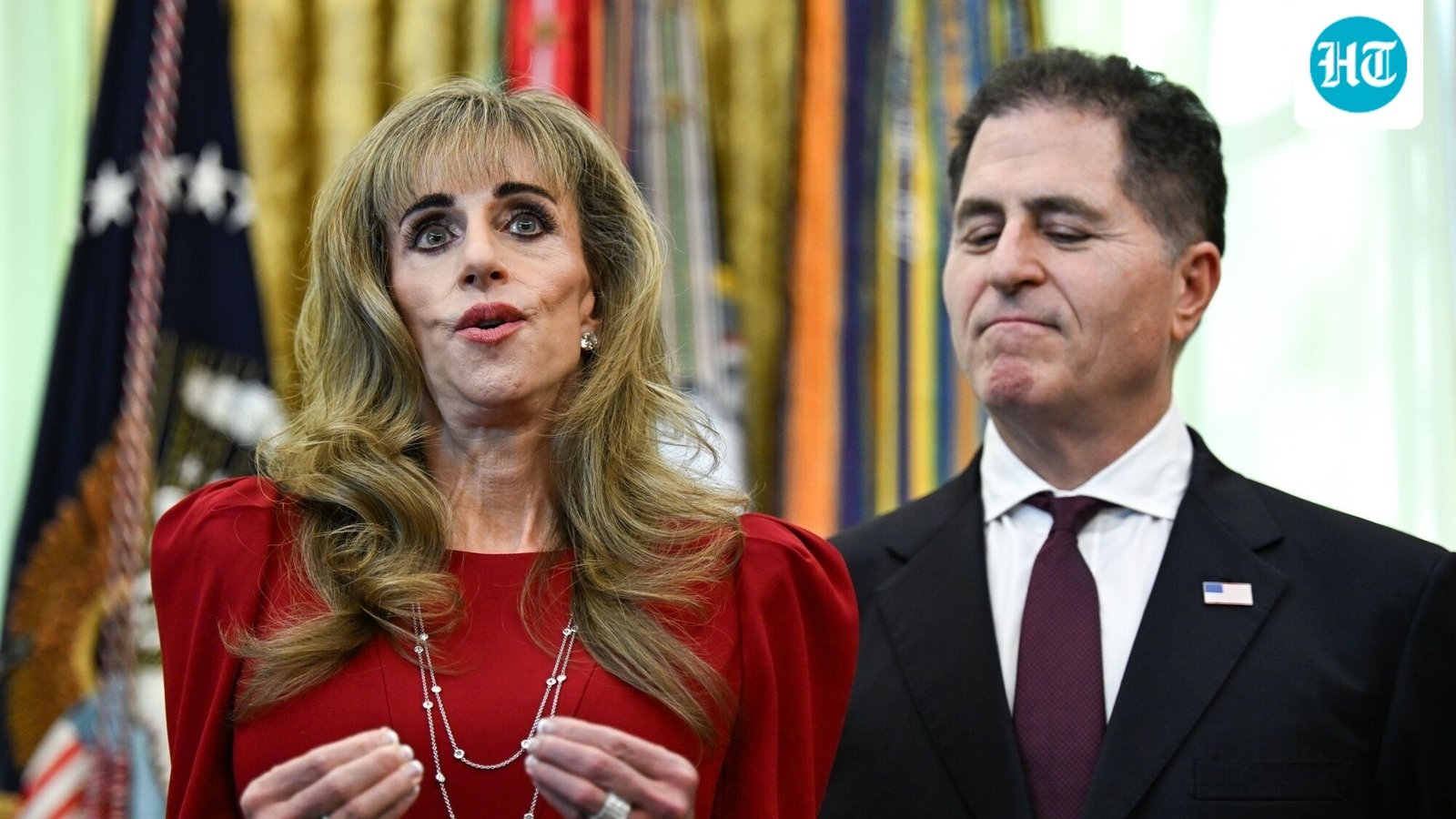 Susan Dell, wife of Michael Dell, left, and Michael Dell, chairman and chief executive officer of Dell Inc., during an announcement on Trump Accounts in the Oval Office of the White House in Washington, DC, US, on Wednesday, Oct. 7, 2026. (Bloomberg)