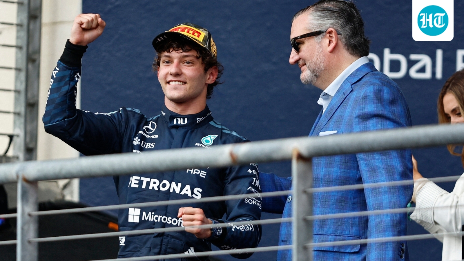 Mercedes' Andrea Kimi Antonelli celebrates on the podium after winning the United States Grand Prix alongside United States Senator Ted Cruz. (IMAGN IMAGES via Reuters)