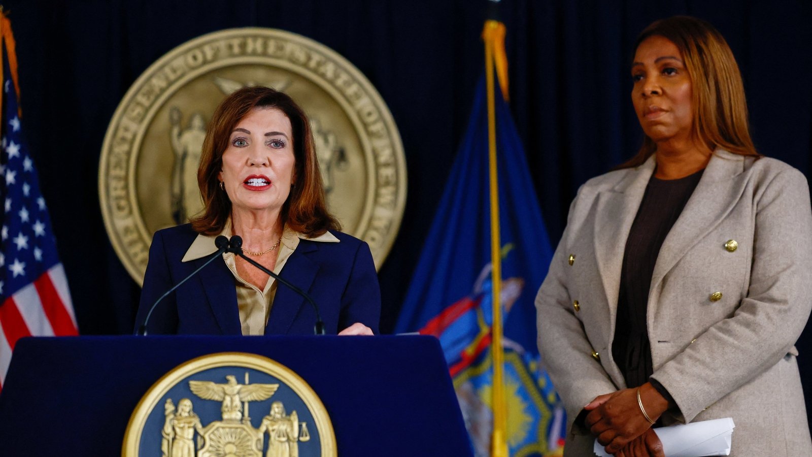 New York Governor Kathy Hochul and New York Attorney General Letitia James attend a press conference regarding an investigation into alleged sexual assault at Cornell University, in New York City, US, October 2, 2026. REUTERS/Jeenah Moon (REUTERS)