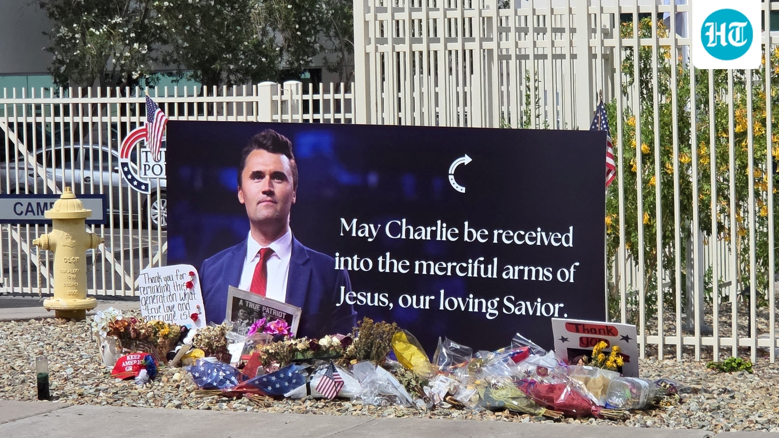 A memorial display for slain conservative activist Charlie Kirk outside the Turning Point Action Burke Family Victory Center in Phoenix, Arizona, U.S., September 13, 2026, after a newly installed memorial statue of slain conservative activist Charlie Kirk was vandalized overnight in Phoenix on Sunday, according to the organization that he founded. (Damon Jung/Handout via REUTERS) (via REUTERS)