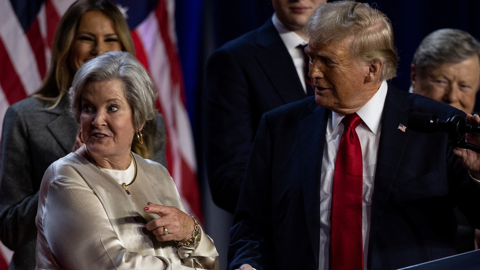 US Election Results: Republican presidential nominee and former U.S. President Donald Trump shakes hands with his senior advisor Susie Wiles as he speaks. (REUTERS) (REUTERS)