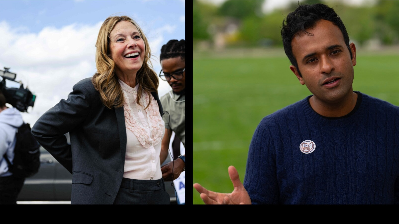 Vivek Ramaswamy defended his campaign’s ad featuring Amy Acton’s estranged mother, saying it responded to Acton’s alleged attacks and refusal to debate. ((Photo by Jon Cherry / GETTY IMAGES NORTH AMERICA / Getty Images via AFP) and (AP Photo/Carolyn Kaster))