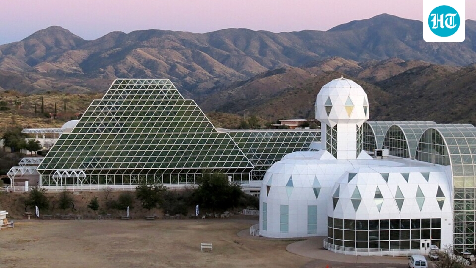 Biosphere 2, a University of Arizona research site in Oracle, Arizona, houses a glass-enclosed rainforest where scientists ran a drought experiment in 2019. (Wikimedia Commons)