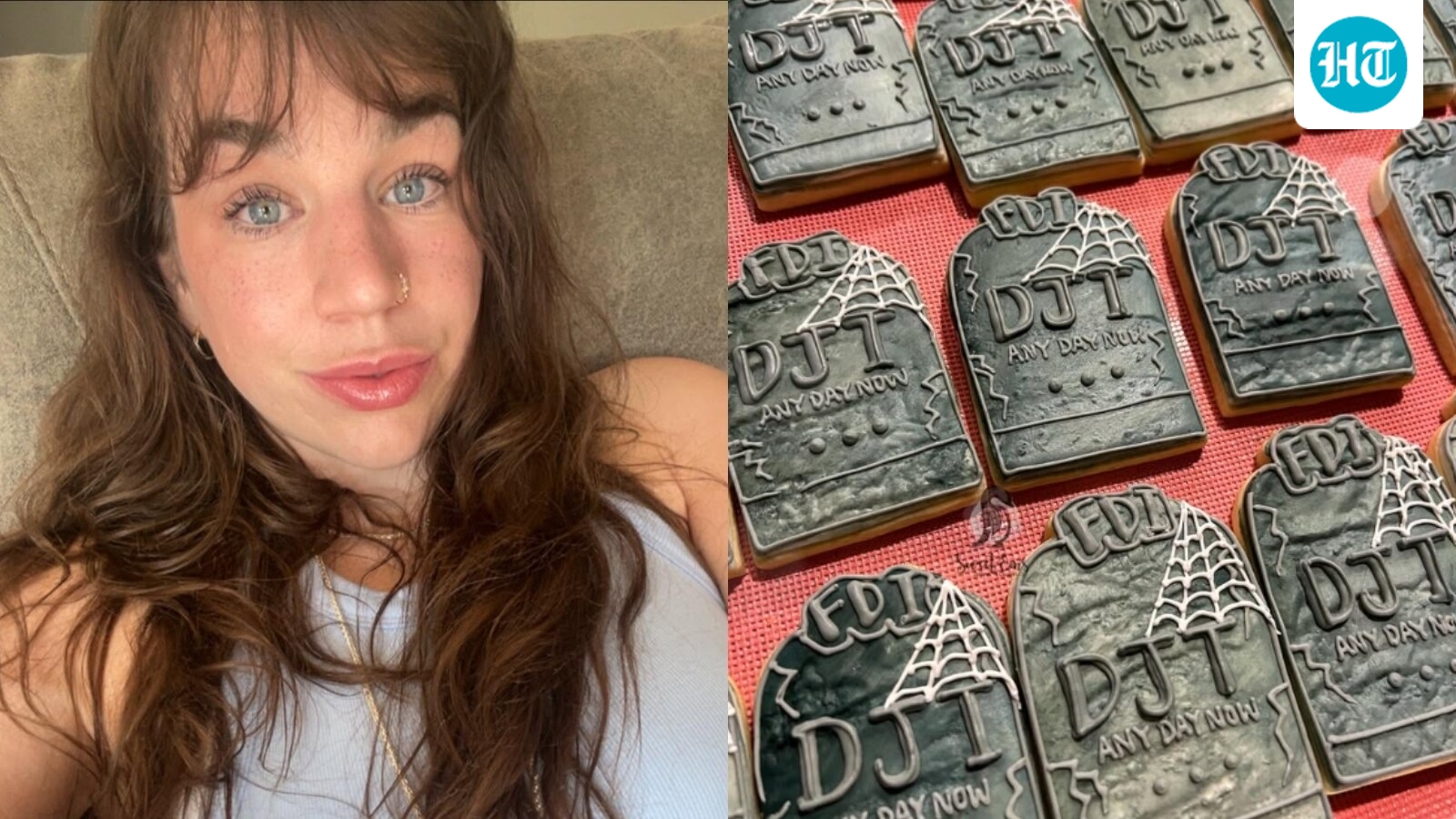 Justina Rucinski, an Iowa baker, has come under fire for Halloween tombstone cookies with 'DJT' written on them, (Facebook/Justina Rucinski, Instagram/sweetemsbyjustina)