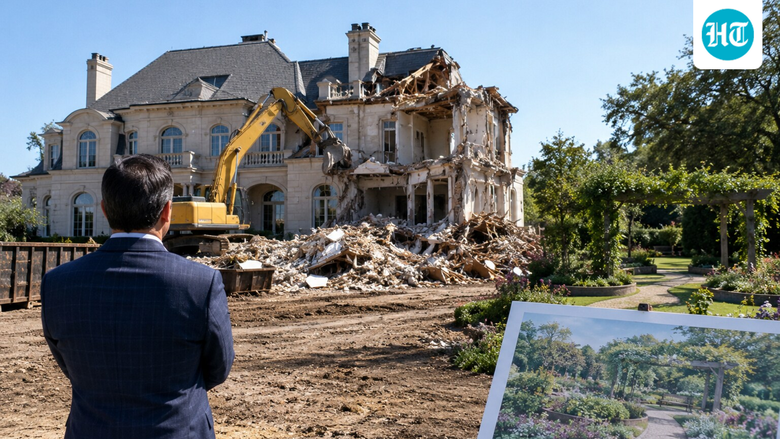 Representative image of a mansion being demolished as its materials are salvaged for reuse, with landscaping planned for the site. (AI- generated/ ChatGPT)