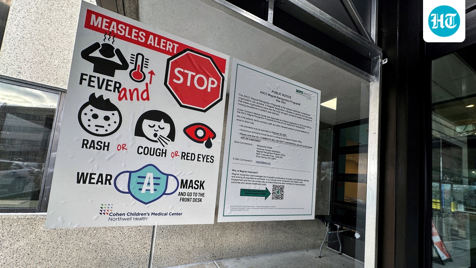 A measles alert sign hangs outside the entrance to the Cohen Children's Medical Center in New Hyde Park, New York in March 2025. (Representational) (REUTERS)