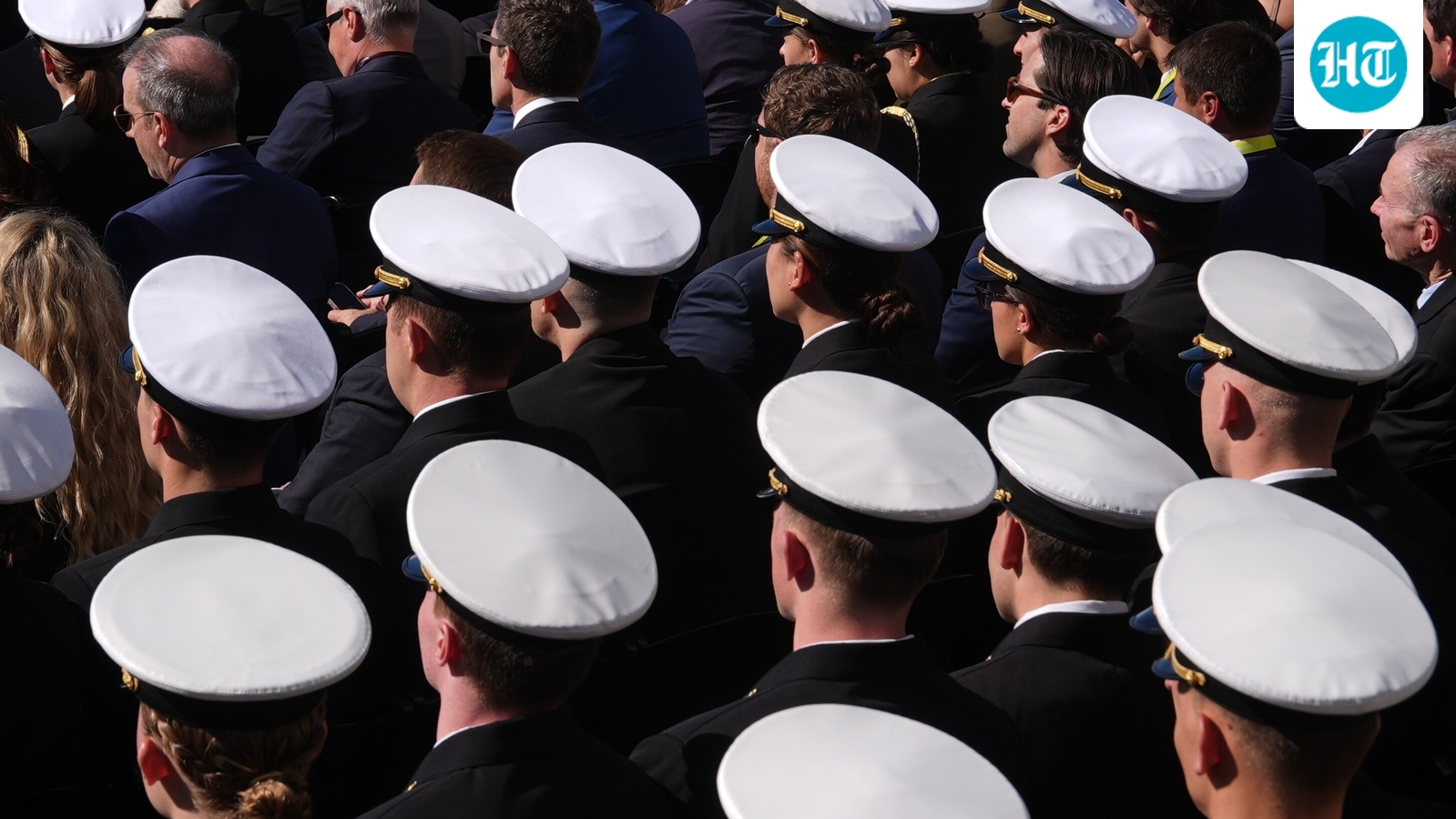 Naval Academy midshipmen arrive before President Donald Trump speaks at an event for Anduril Industries, Inc., at Sparrows Point Shipyard, Tuesday, Oct. 6. (AP Photo/Julia Demaree Nikhinson)