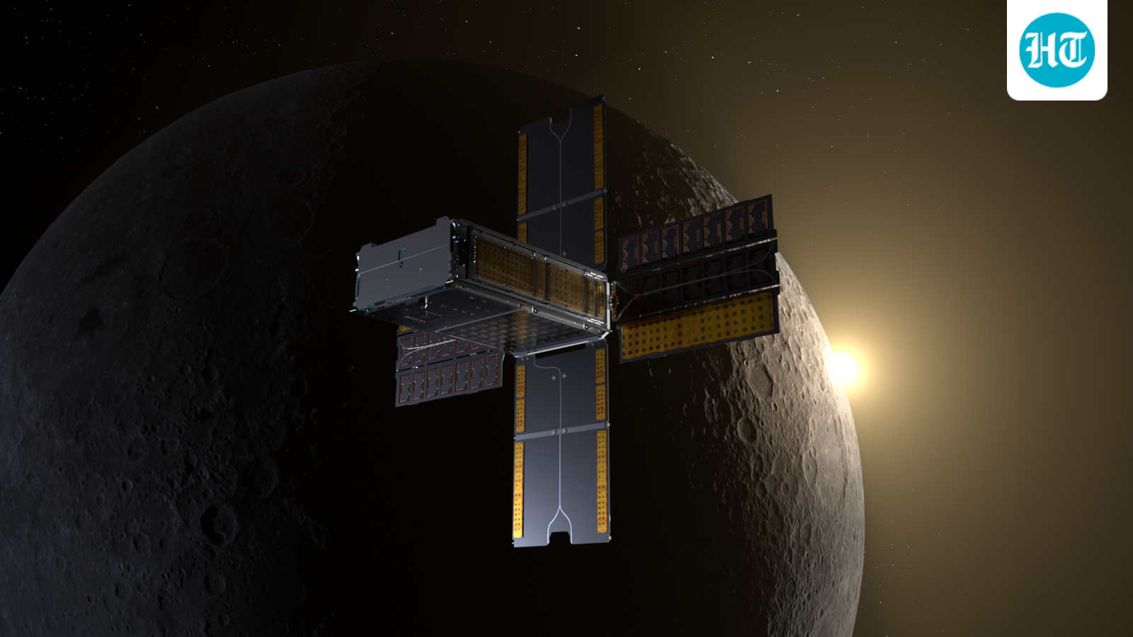 Illustration of BioSentinel’s spacecraft flying past the Moon. (NASA/Daniel Rutter)
