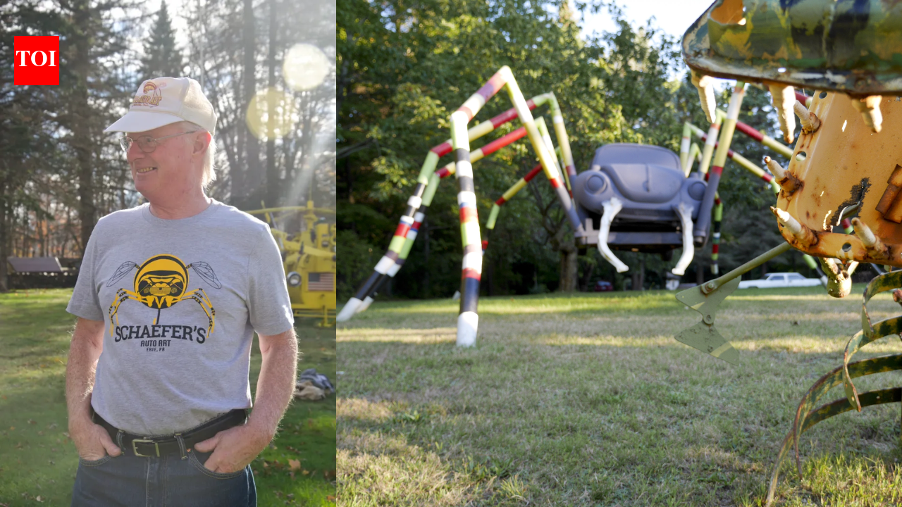 A Pennsylvania man started welding old car parts into sculptures in 1988; his Erie front yard now has a two-headed dinosaur and rocket ship