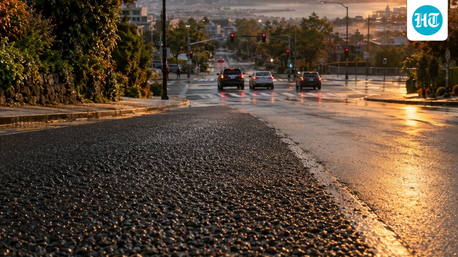 A downhill intersection approach covered in a high-friction surface, the kind of treatment Bellevue used in 2004. (AI-generated/ChatGPT)