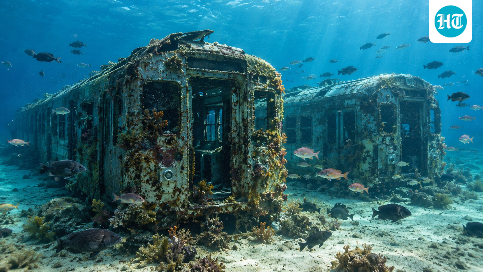 Two retired subway cars now rest on the seabed, where soft coral and game fish have begun to settle. (AI-generated/ChatGPT)